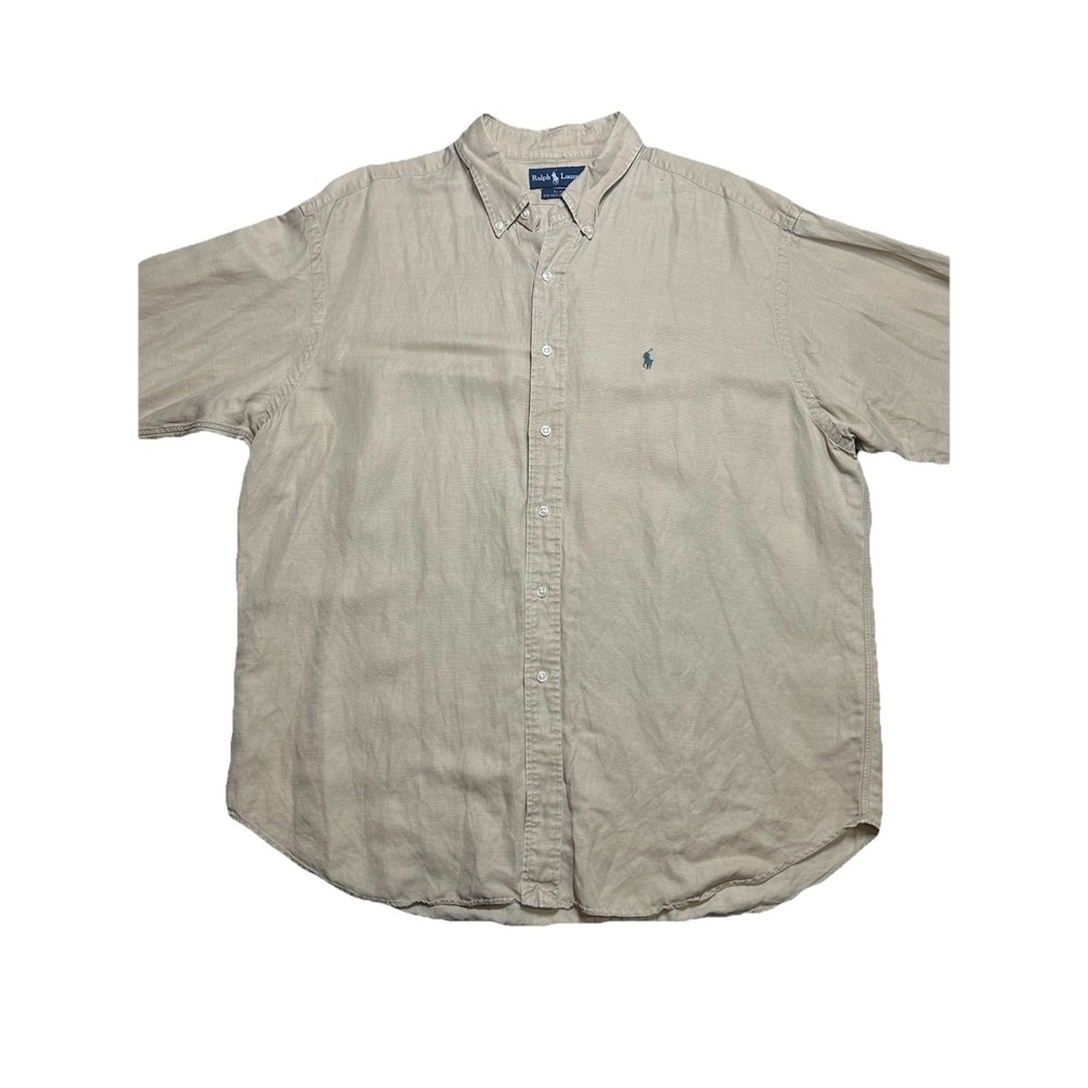 Vintage Polo Ralph Lauren Silk Linen Shirt Mens‎ XL Tan Pony Button Up